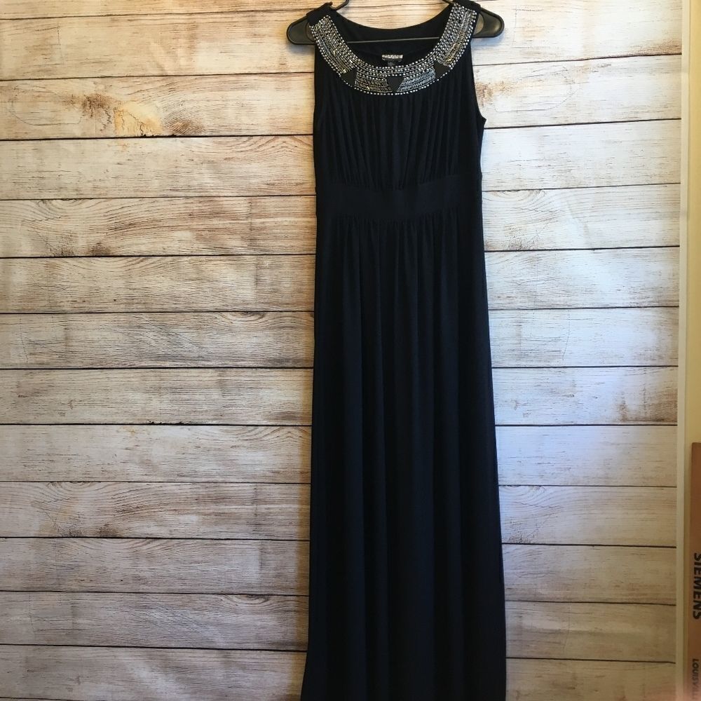 HAANI BLACK MAXI DRESS WITH EMBELLISHED NECKLINE